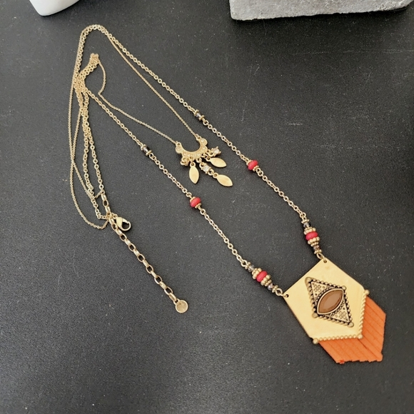 Boho Double Strand and Pendant Chain Necklace with Orange Fringe - Picture 3 of 7
